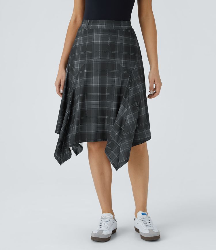 Mid High Waisted Asymmetric Hem Plaid Midi Casual Skirt