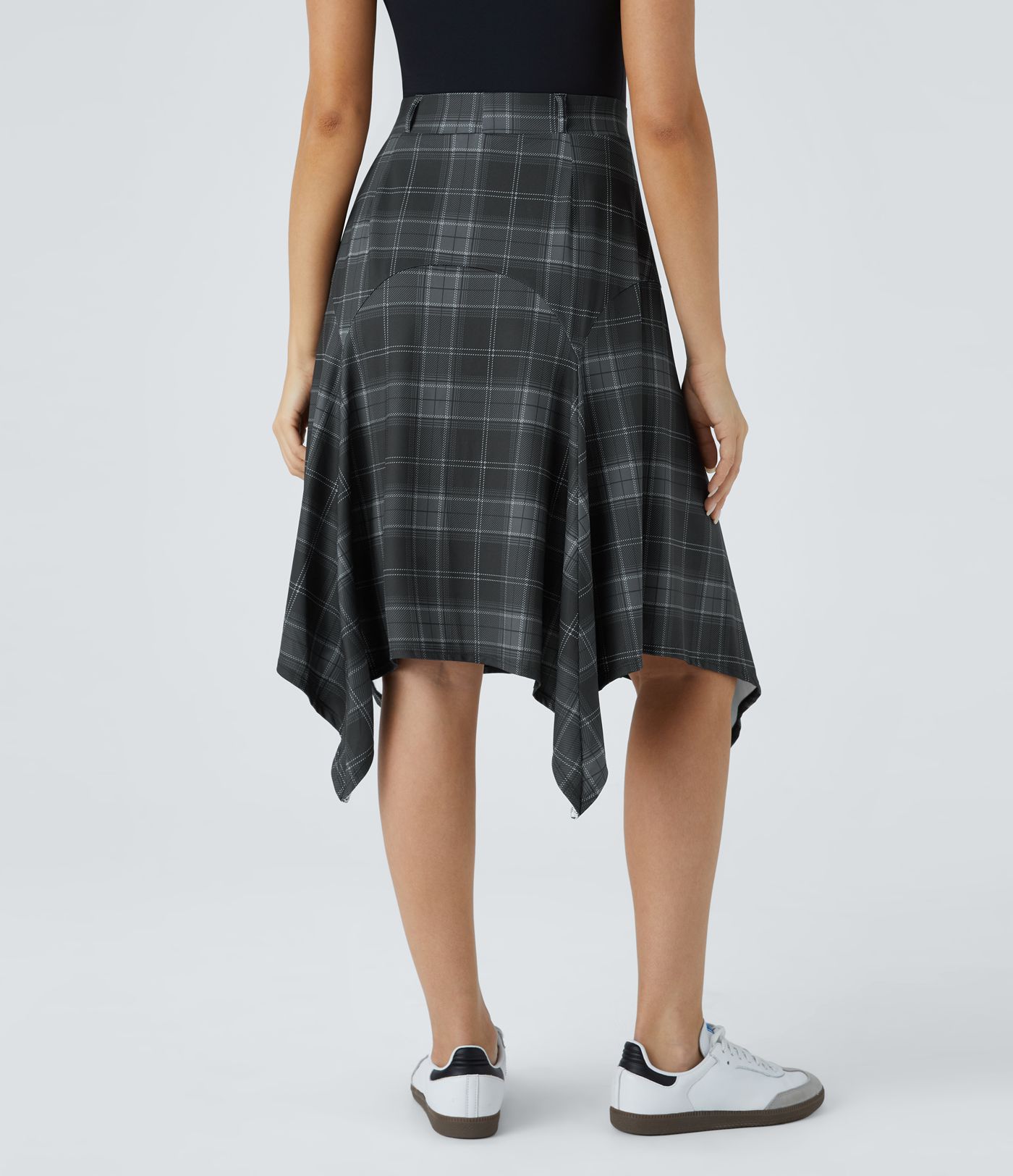 Mid High Waisted Asymmetric Hem Plaid Midi Casual Skirt