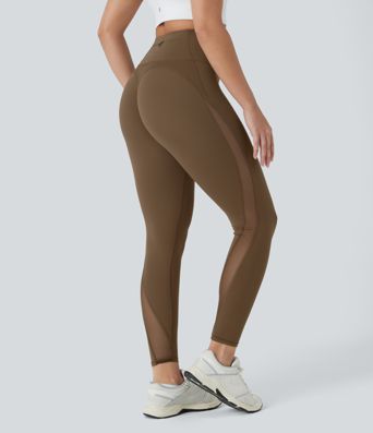 Leggings de entrenamiento 7/8 de cintura alta, moldeadores del abdomen, con cremallera trasera, con bolsillos y malla en contraste