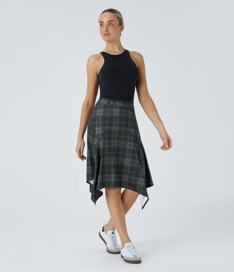 Mid High Waisted Asymmetric Hem Plaid Midi Casual Skirt