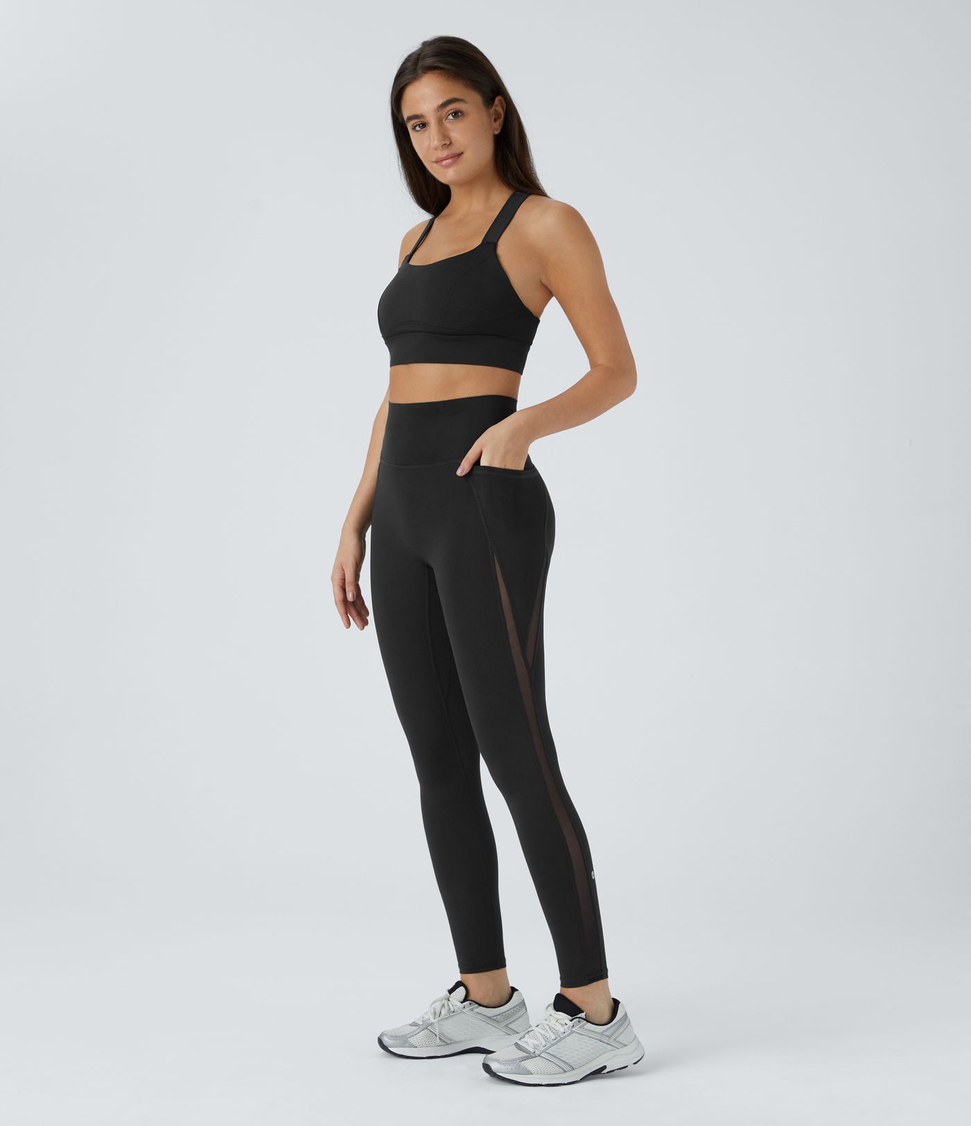 High Waisted Antislip Tummy Control Pocket Contrast Mesh Quick Dry 7/8 Workout Leggings