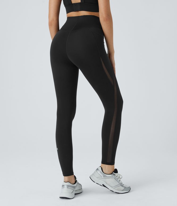 High Waisted Antislip Tummy Control Pocket Contrast Mesh Quick Dry 7/8 Workout Leggings