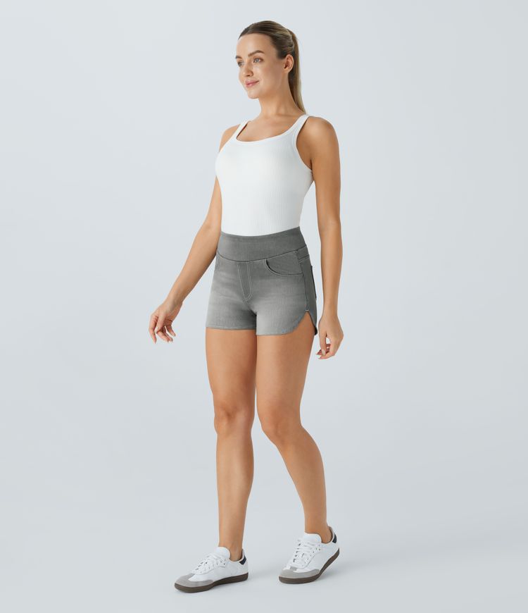 Halara Flex™ High-Waisted Multi-Pocket Curved Hem Skinny Stretch Knit Denim Casual Shorts, 3-Inch