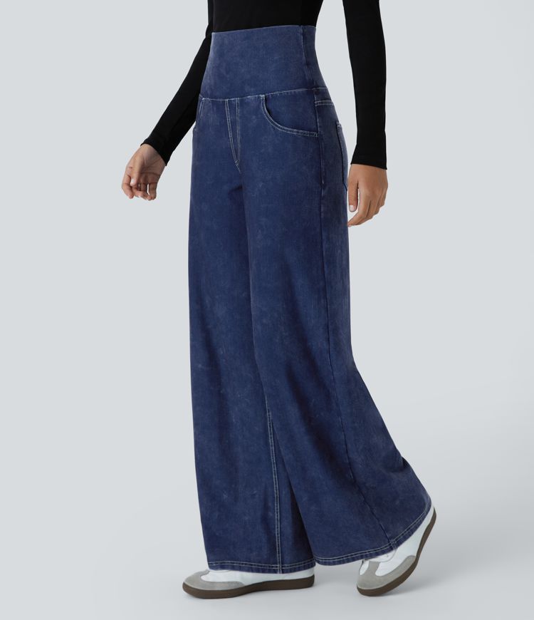 Halara Flex™ Foldover Low Rise Pockets Wide Leg Washed Casual Jeans