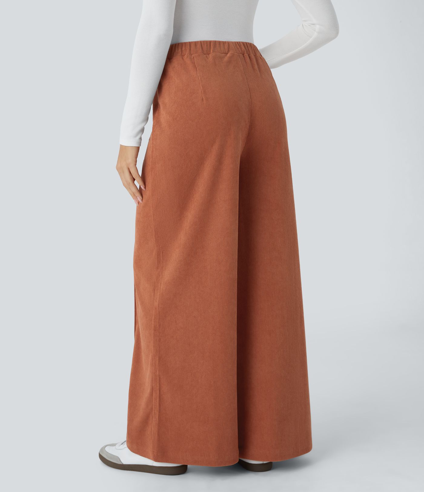 Pantalon décontracté large en velours côtelé, taille haute, avec poches