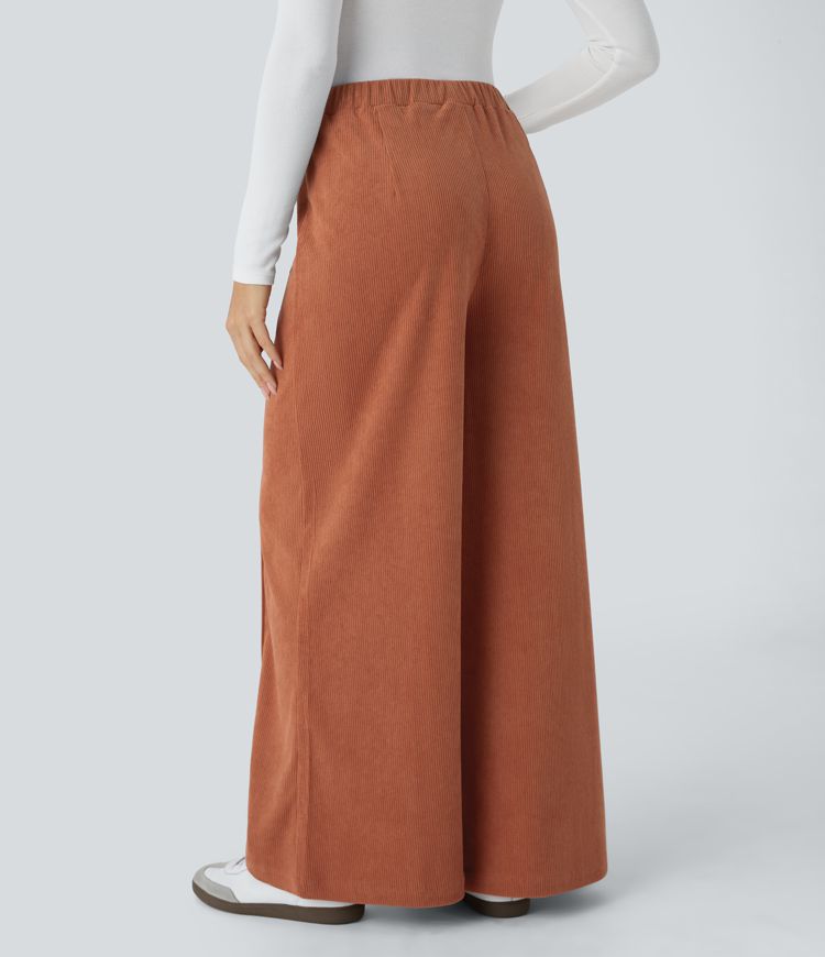 Pantalon décontracté large en velours côtelé, taille haute, avec poches