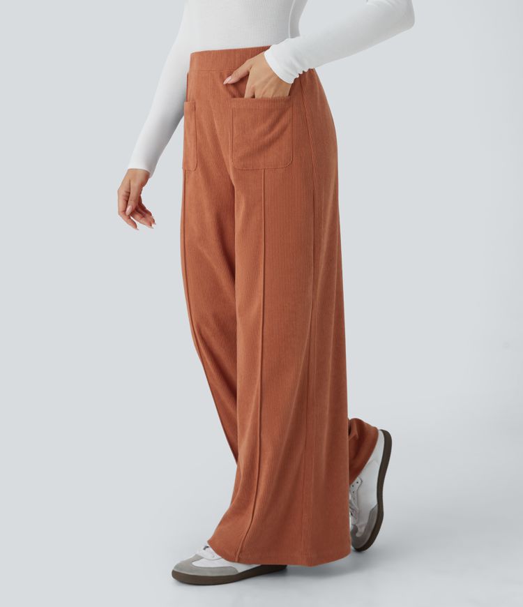 Pantalon décontracté large en velours côtelé, taille haute, avec poches