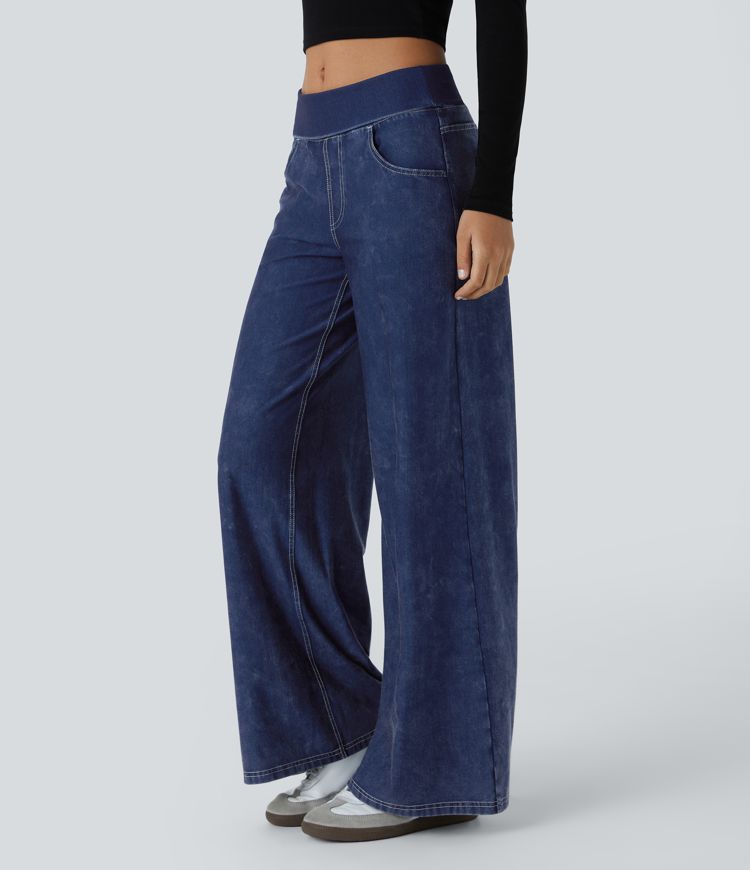 Halara Flex™ Foldover Low Rise Pockets Wide Leg Washed Casual Jeans
