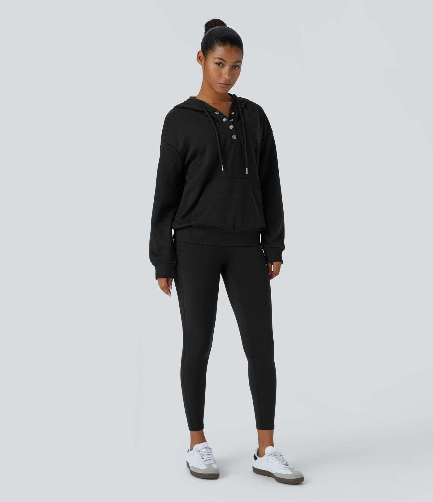 Hooded Drawstring Snap Button Kangaroo Pocket Relaxed Fleece Casual Sweatshirt