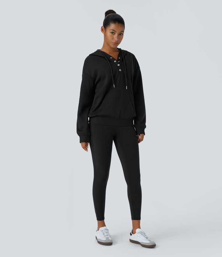 Hooded Drawstring Snap Button Kangaroo Pocket Relaxed Fleece Casual Sweatshirt