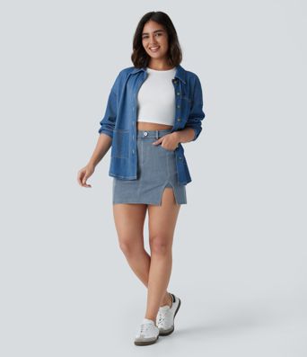 Halara Flex™ Jupe Mini décontractée en Jean Lavé à Taille Haute avec Poches 2-in-1