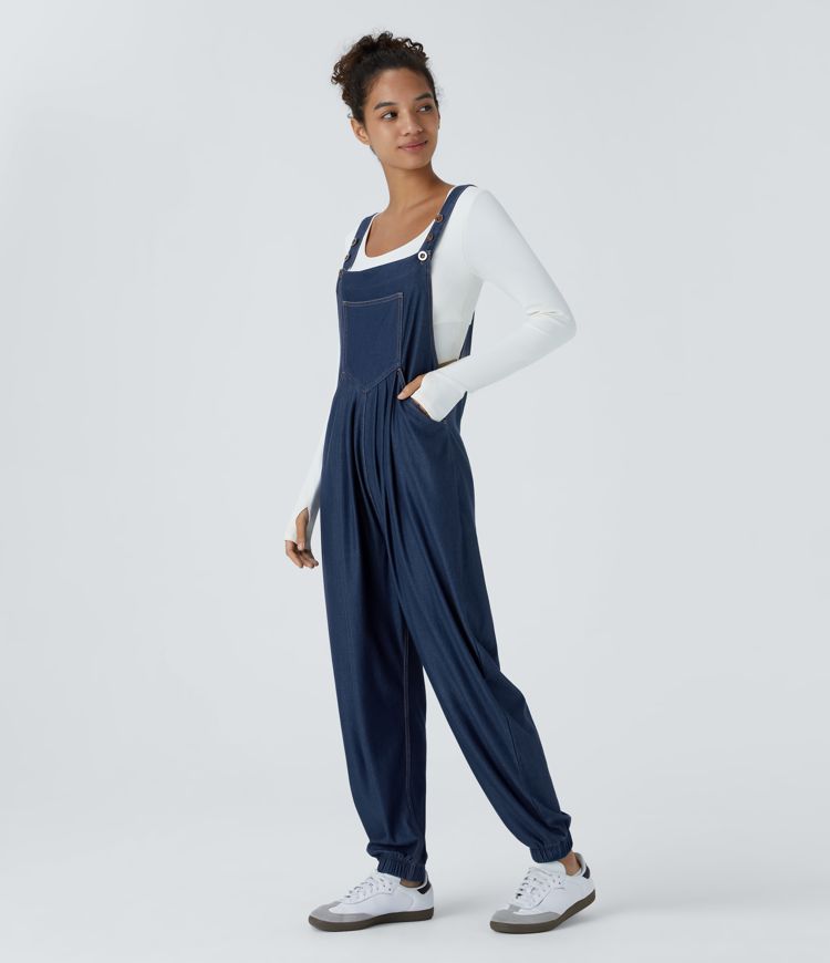 Halara Flex™ Adjustable Strap Button Multiple Pockets Stretchy Knit Denim Casual Jogger Overalls
