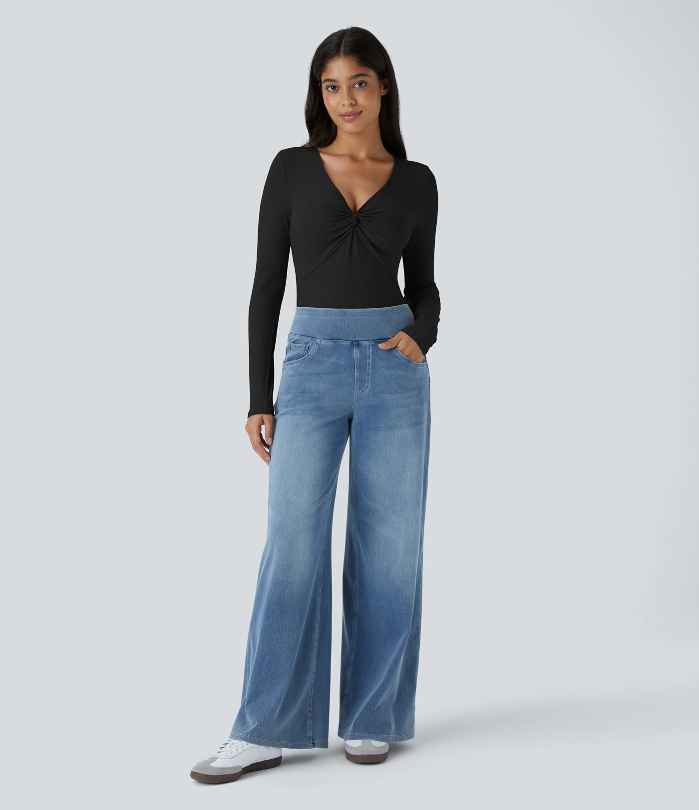 Ribbed Knit V Neck Long Sleeve Snap Skinny Casual Bodysuit