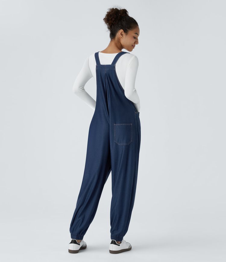 Halara Flex™ Adjustable Strap Button Multiple Pockets Stretchy Knit Denim Casual Jogger Overalls