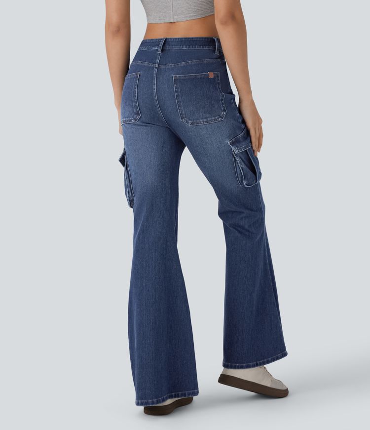 Halara Flex™ Mid Rise Pockets Washed Casual Cargo Flare Jeans