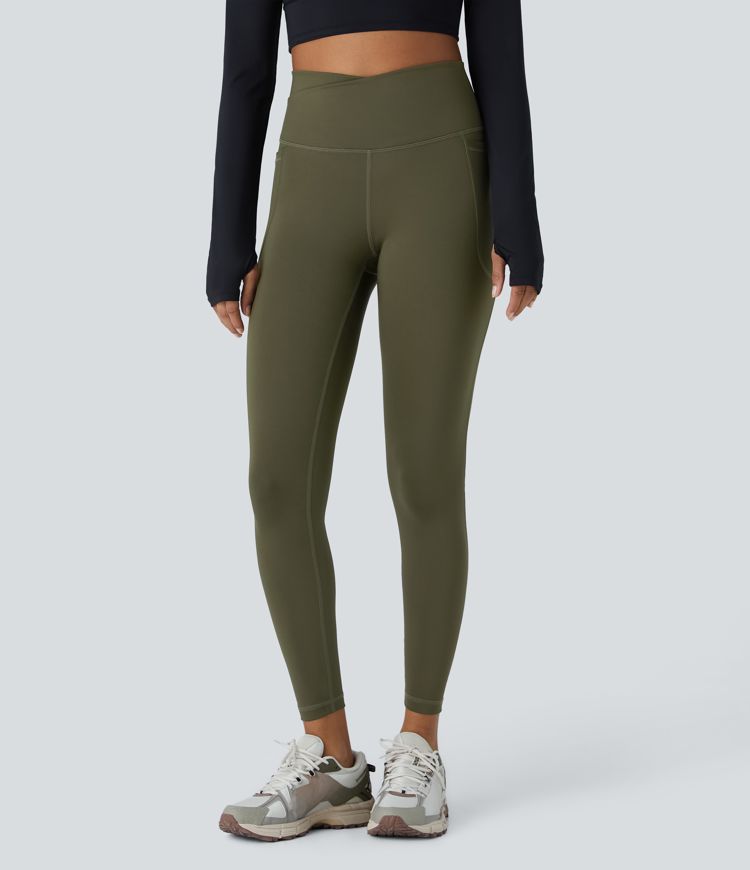 Wear-Resistant Crossover High Waisted Tummy Control Ruched Pocket 7/8 Workout Leggings