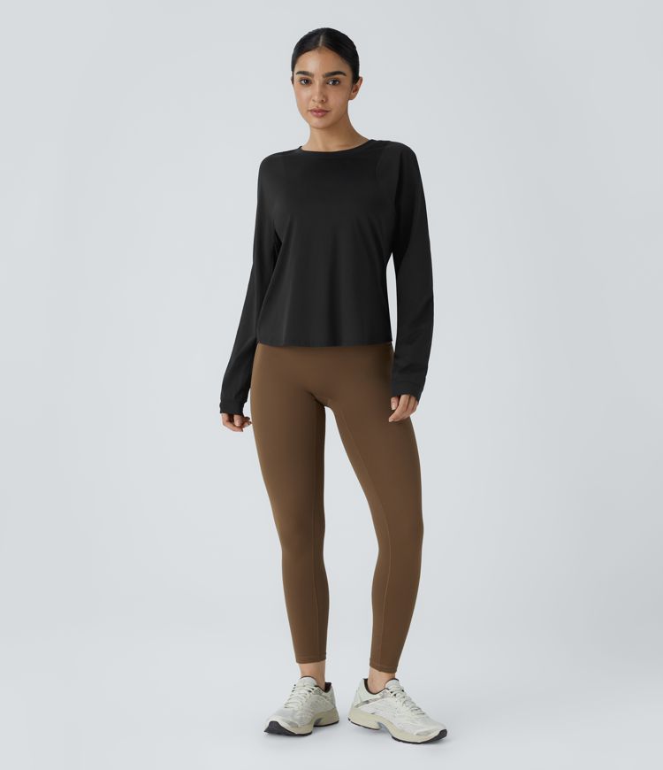 Round Neck Crossover Back High Low Curved Hem Hiking Sports Top