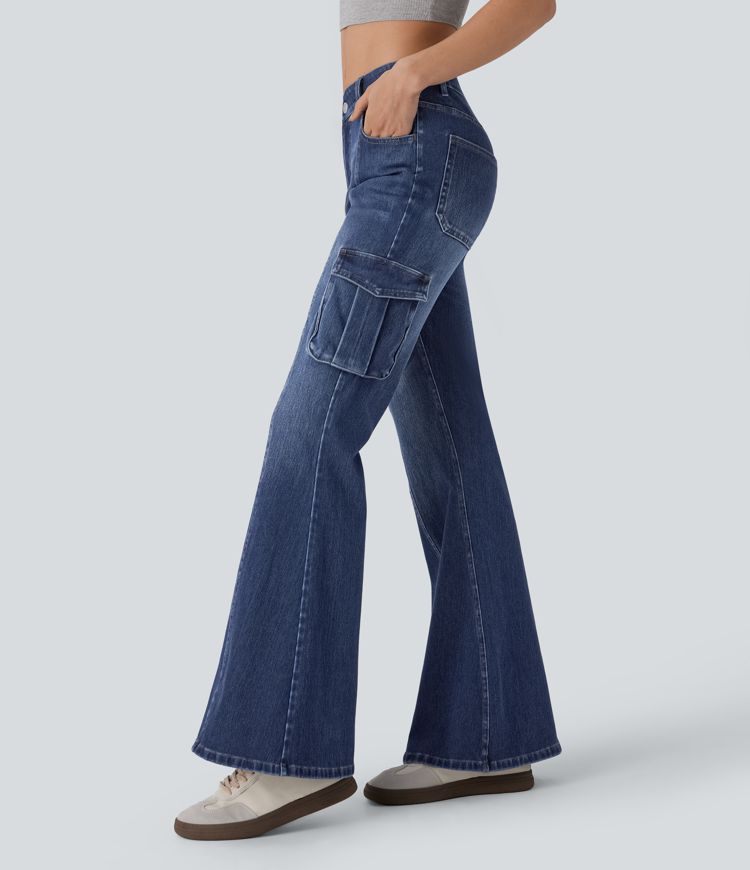 Halara Flex™ Mid Rise Pockets Washed Casual Cargo Flare Jeans