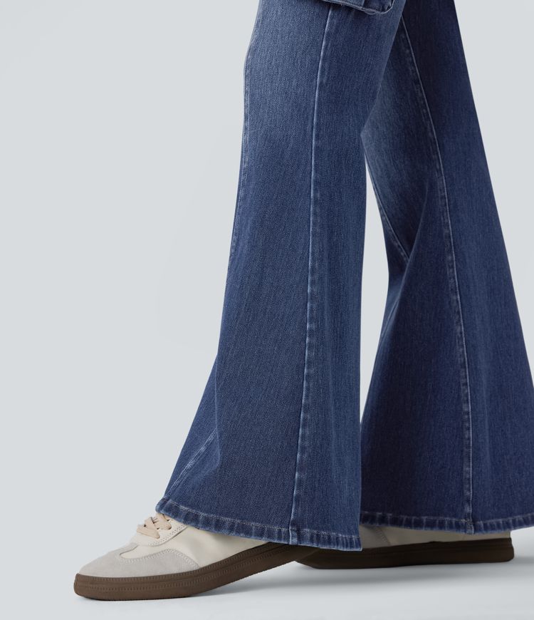Halara Flex™ Mid Rise Pockets Washed Casual Cargo Flare Jeans