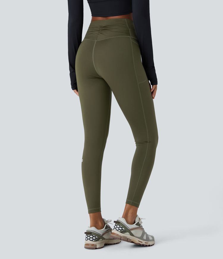 Wear-Resistant Crossover High Waisted Tummy Control Ruched Pocket 7/8 Workout Leggings