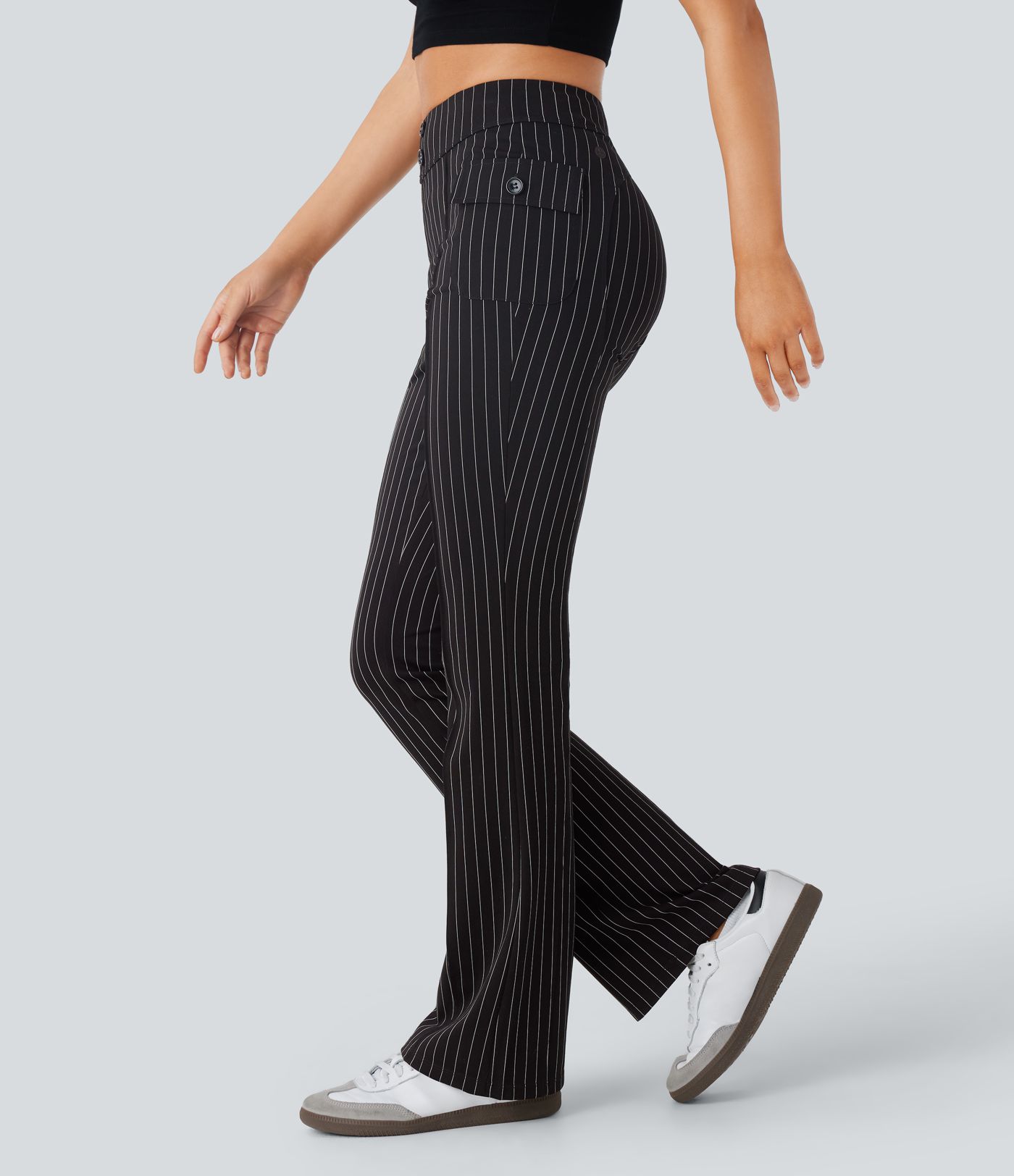 High Waisted Flap Pockets Stripe Cool Touch Casual Flare Pants
