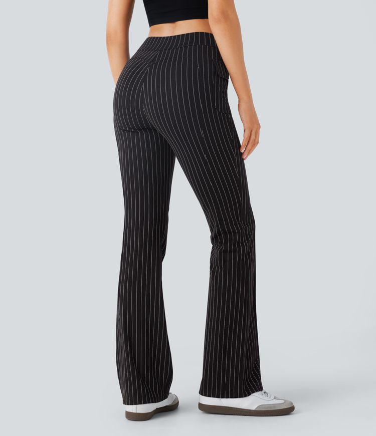 High Waisted Flap Pockets Stripe Cool Touch Casual Flare Pants