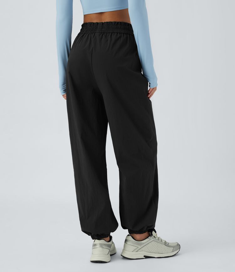 Wear-Resistant Frill High Waisted Adjustable Drawcord Side Pocket Workout Joggers