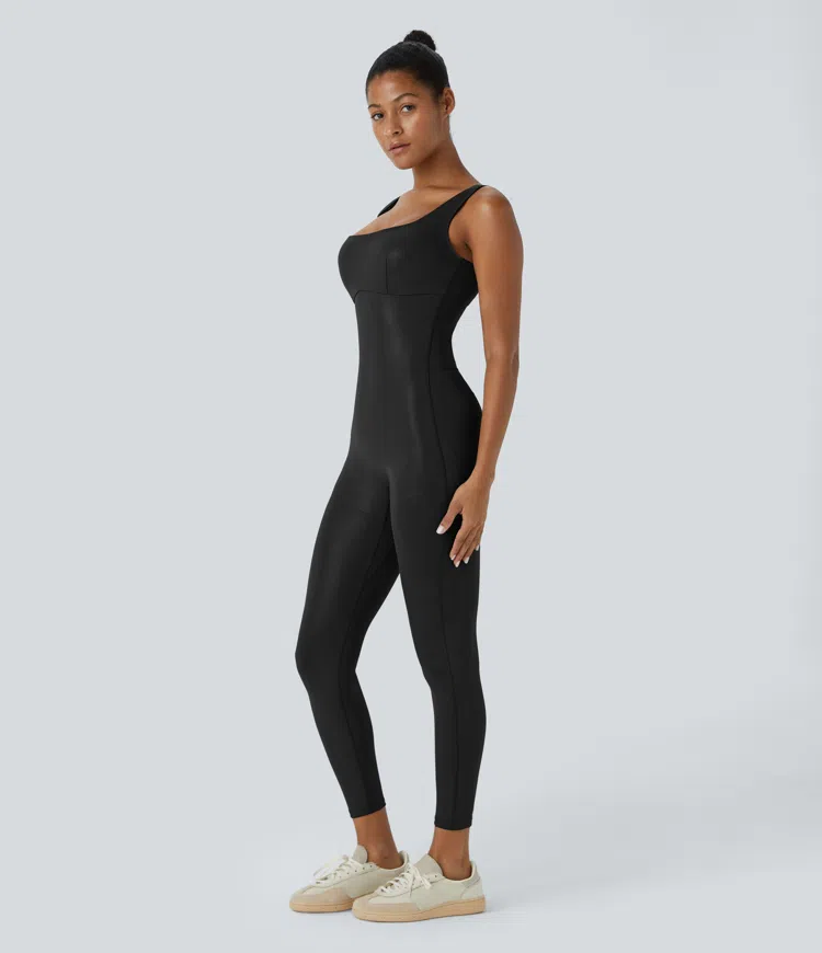 Faux Leather Shine Tummy Control Butt Lifting Square Neck Sleeveless Quick Dry Casual Shaping Catsuit