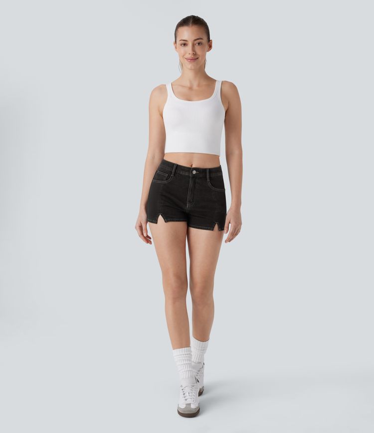 Halara Flex™ Mid Rise Multiple Pockets Split Washed Stretchy Knit Denim Casual Shorts