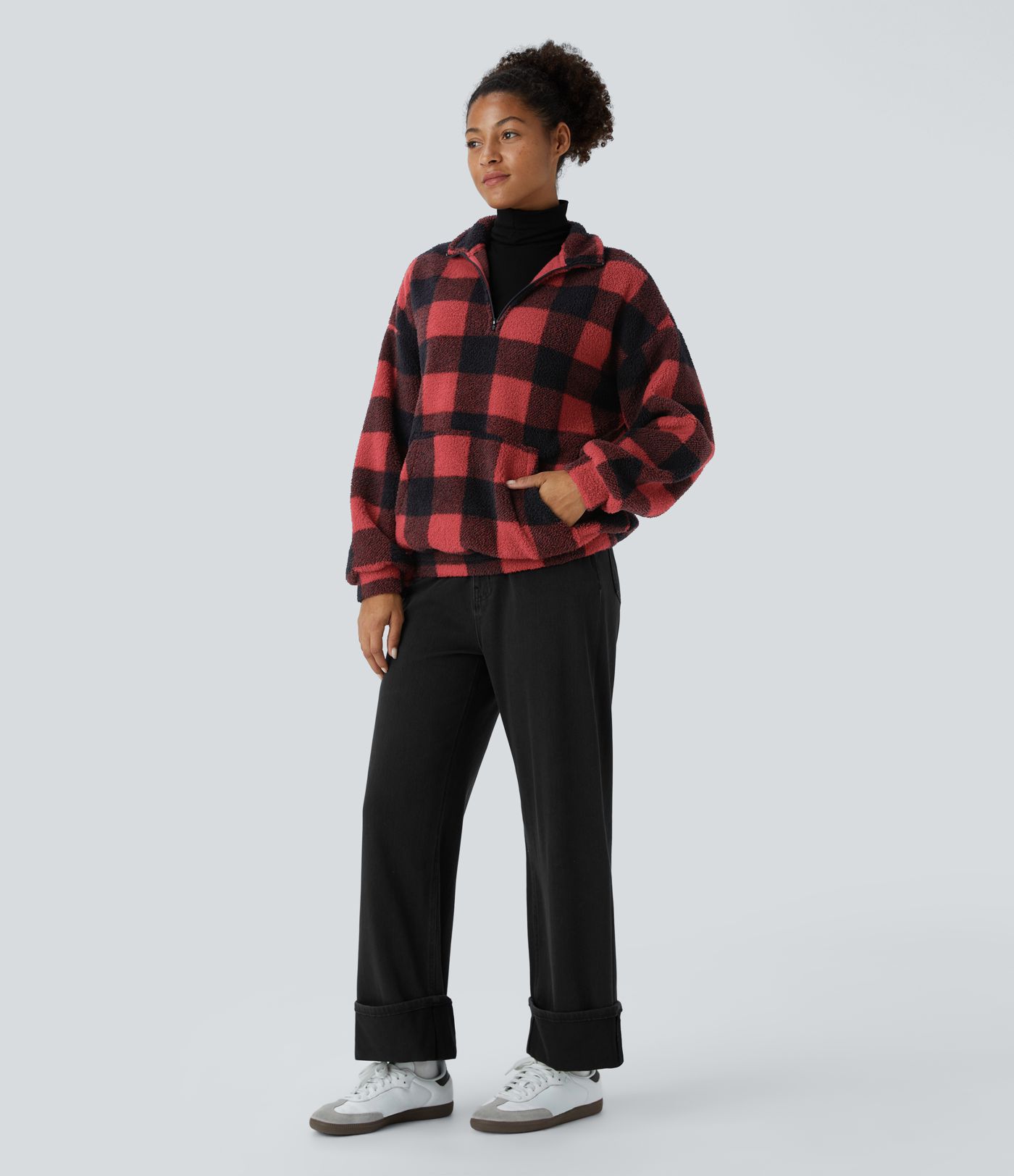 Collared half-zip drop-shoulder kangaroo pocket checkered fleece relaxed casual sweatshirt