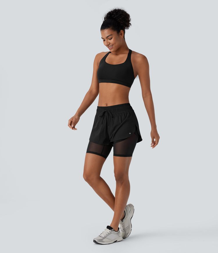 Breezeful™ Mid Rise Drawstring Contrast Mesh 2-in-1 Pocket Quick Dry Running Shorts