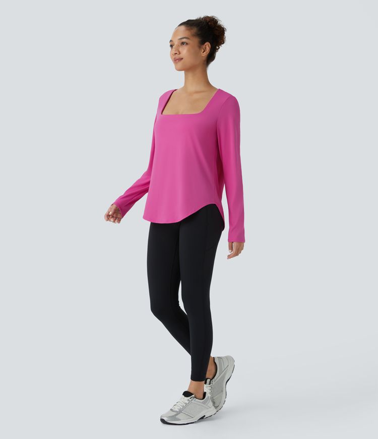 Haut de yoga et sport Softlyzero™ Airy col carré manches longues dos nu avec bretelles croisées et ourlet arrondi, toucher frais - Protection UPF50+