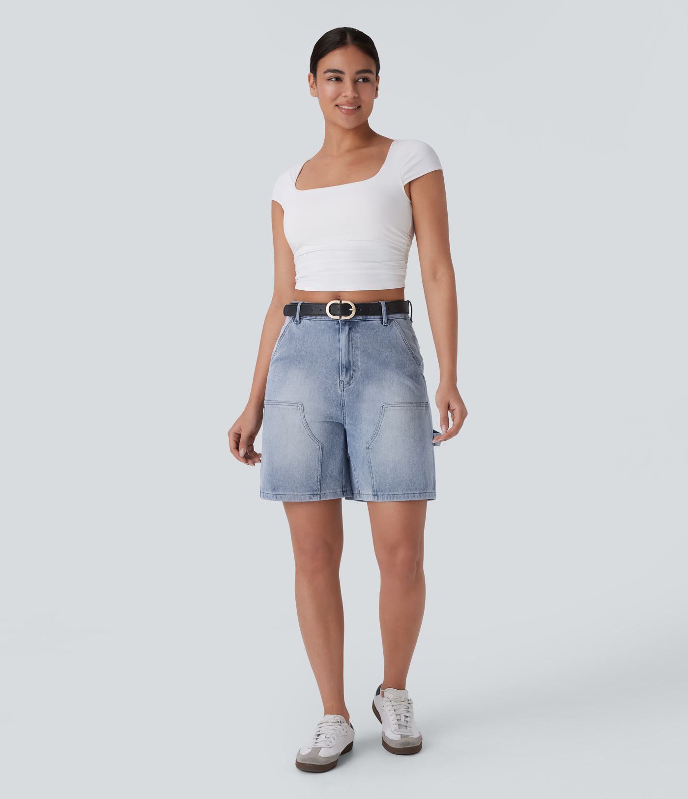 Halara Flex™ Mid Rise Pockets Washed Denim Casual Bermuda Shorts