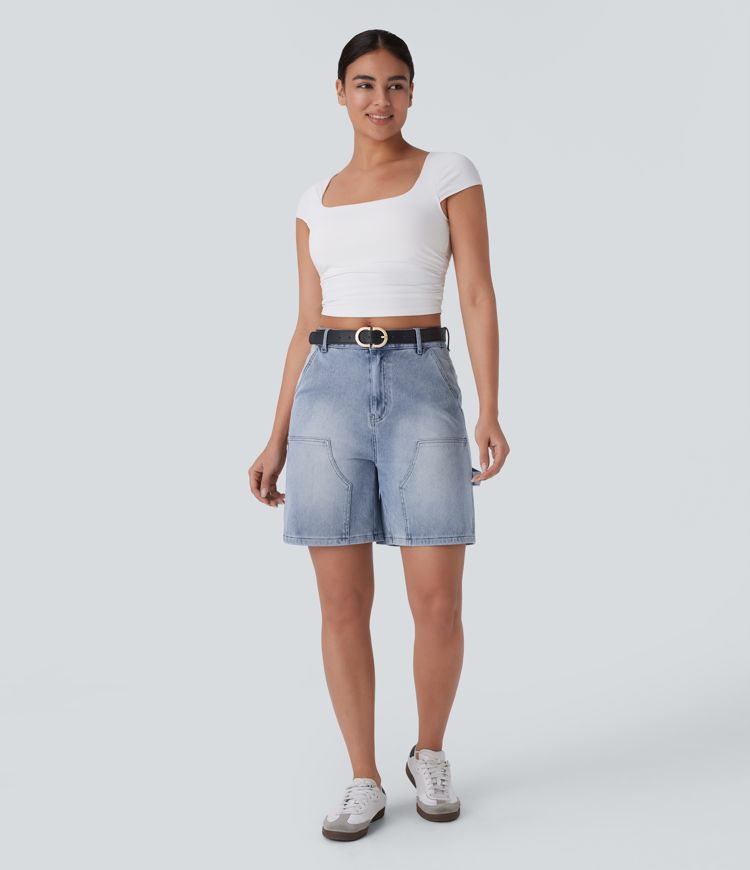 Halara Flex™ Mid Rise Multiple Pockets Washed Stretchy Knit Denim Casual Bermuda Shorts
