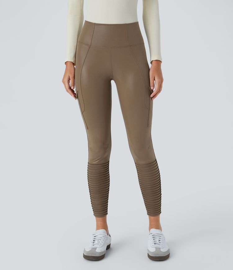 Faux Leather High Waisted Flap Pocket Ankle Length Quick Dry Casual Moto Leggings