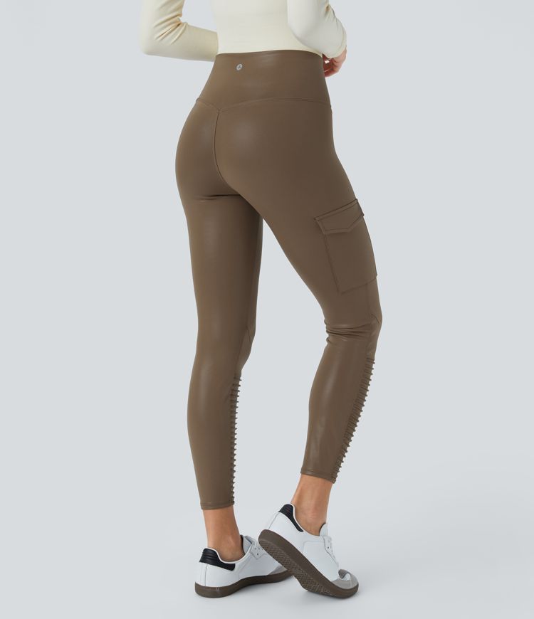 Faux Leather High Waisted Flap Pocket Ankle Length Quick Dry Casual Moto Leggings