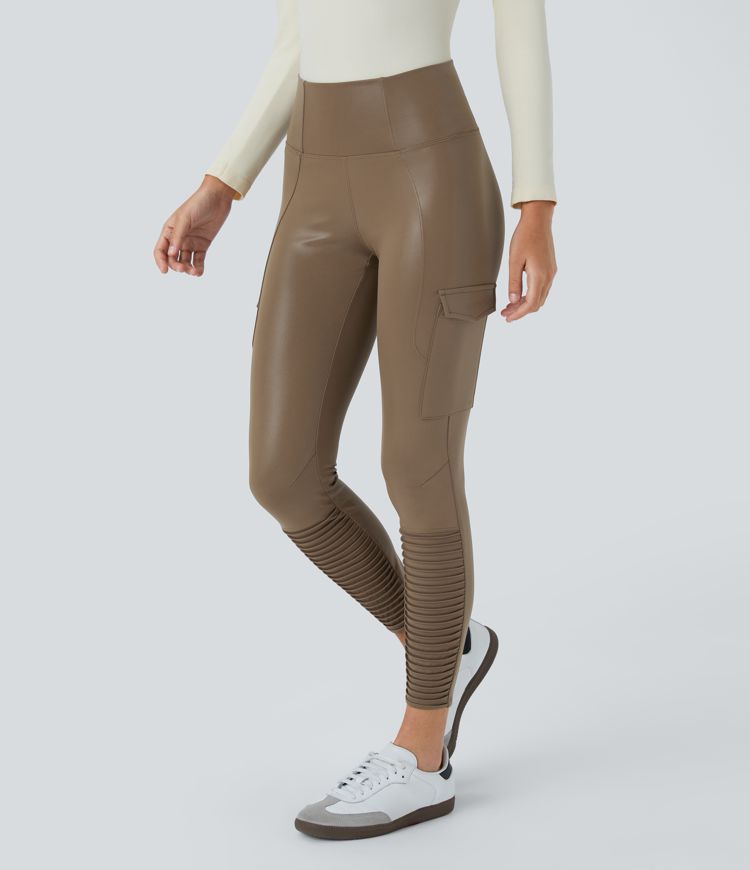 Faux Leather High Waisted Flap Pocket Ankle Length Quick Dry Casual Moto Leggings