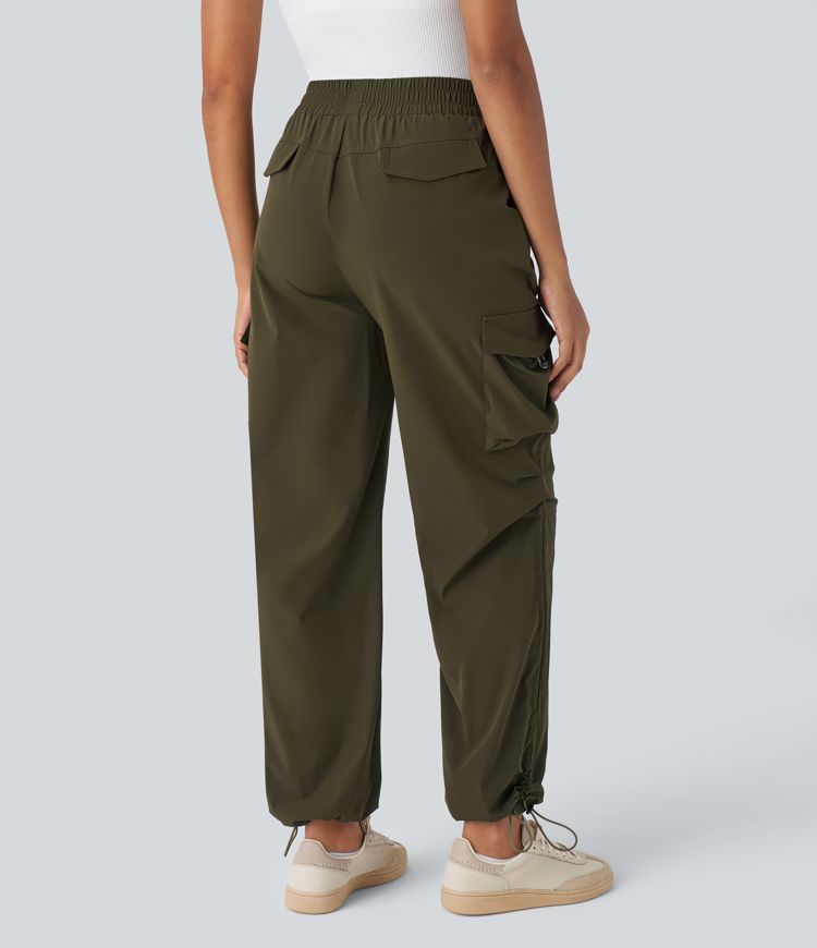 High Waisted Multiple Pockets Adjustable Drawcord Casual Cargo Pants
