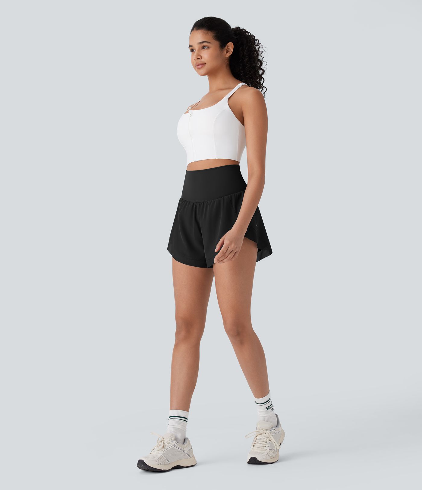 High Waisted Pocket 2-in-1 Contrast Mesh Curved Hem Running Shorts 3''