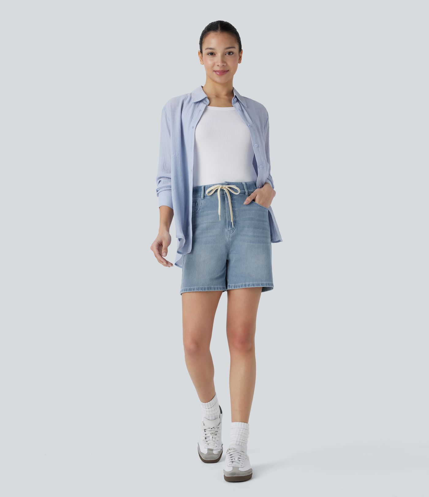 Halara Flex™ Mid Rise Drawstring Pockets Washed Denim Casual Shorts