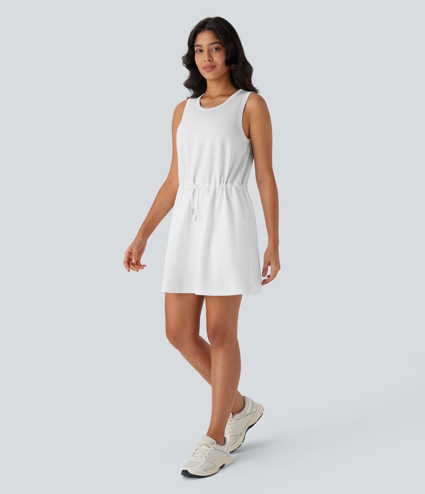 Rundhalsausschnitt, ärmellos, Kordelzug, Seitentasche, 2-teiliges Mini-Yoga-Aktivkleid