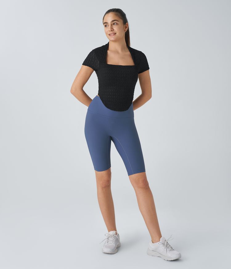 SoftlyZero™ Luftiger Quadratischer Ausschnitt Kurzarm Gebogener Saum Kühl Anfassender Yoga Sport Top-UPF50+