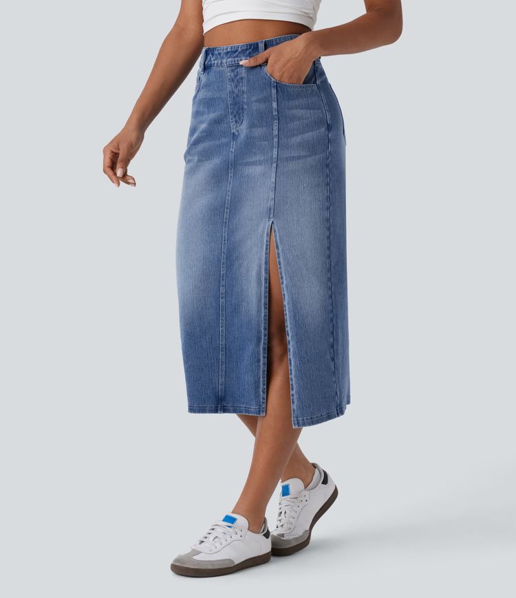 Halara Flex™ Jupe en Jean midi droite délavé taille haute avec poches multiples et fente