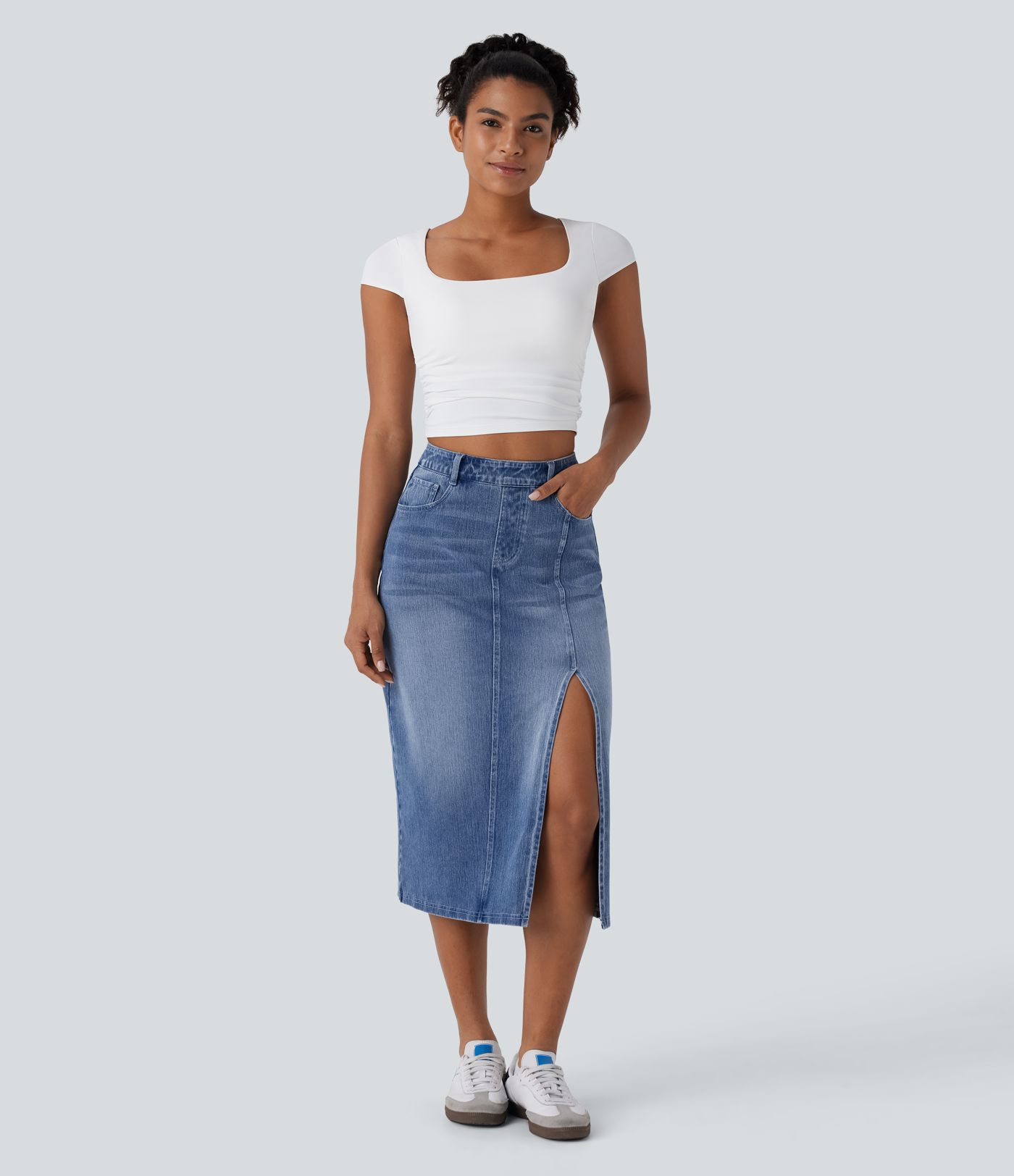 Halara Flex™ Jupe en Jean midi droite délavé taille haute avec poches multiples et fente