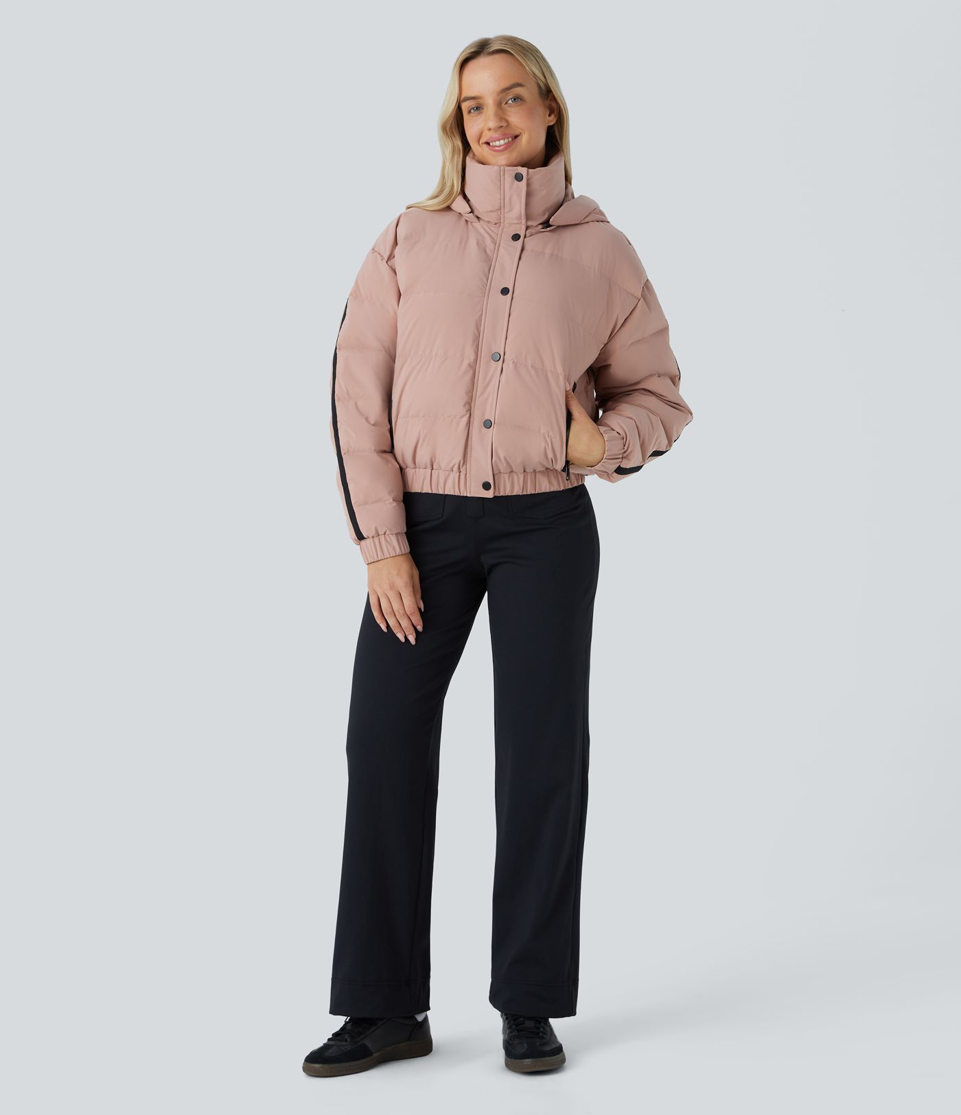 Water Repellent Removable Hood Side Zipper Pocket Contrast Tape Relaxed Casual Puffer Down Jacket