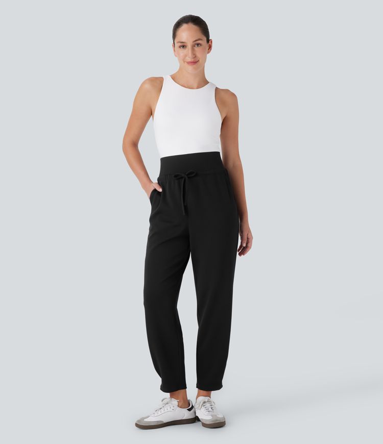 Super High Waisted Drawstring Multiple Pockets Tapered Travel Trousers