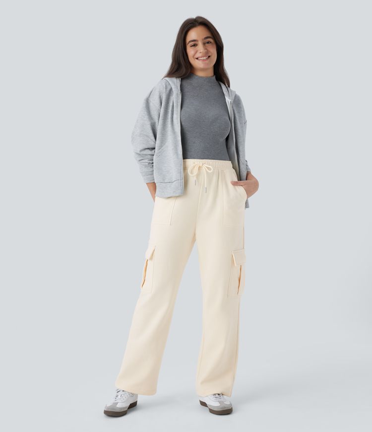 High Waisted Drawstring Pockets Straight Leg Casual Cargo Pants