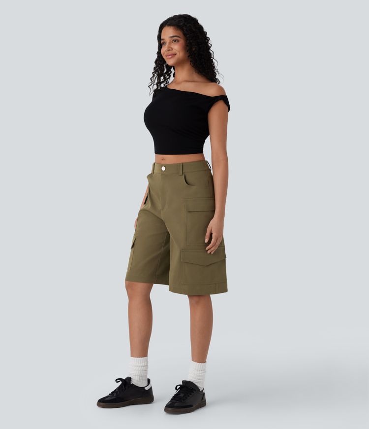 Mid Rise Pockets Casual Cargo Bermuda Shorts