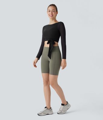 Softlyzero™ Airy Haut de sport de yoga court sans dos, avec liens sur les côtés, résille contrastée et toucher frais - UPF50+