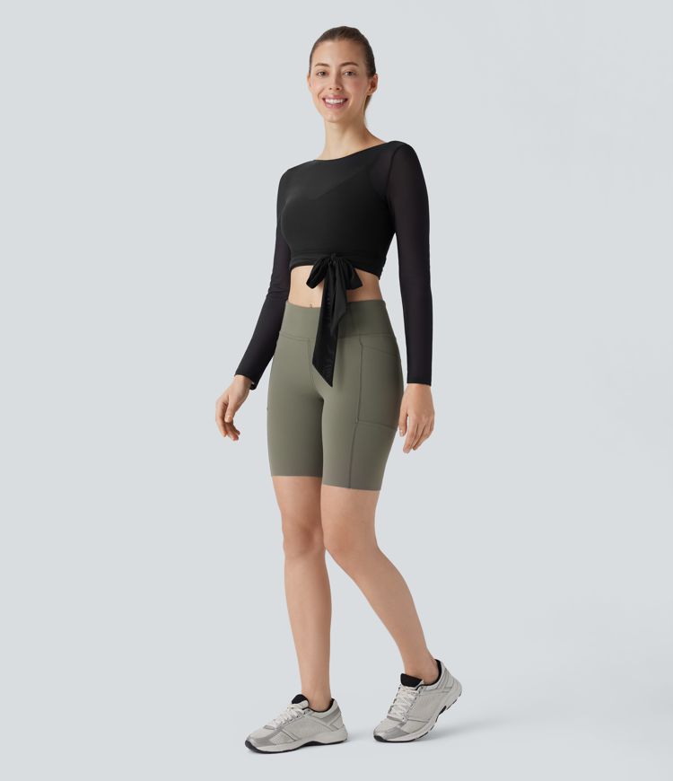 Softlyzero™ Airy Haut de sport de yoga court sans dos, avec liens sur les côtés, résille contrastée et toucher frais - UPF50+